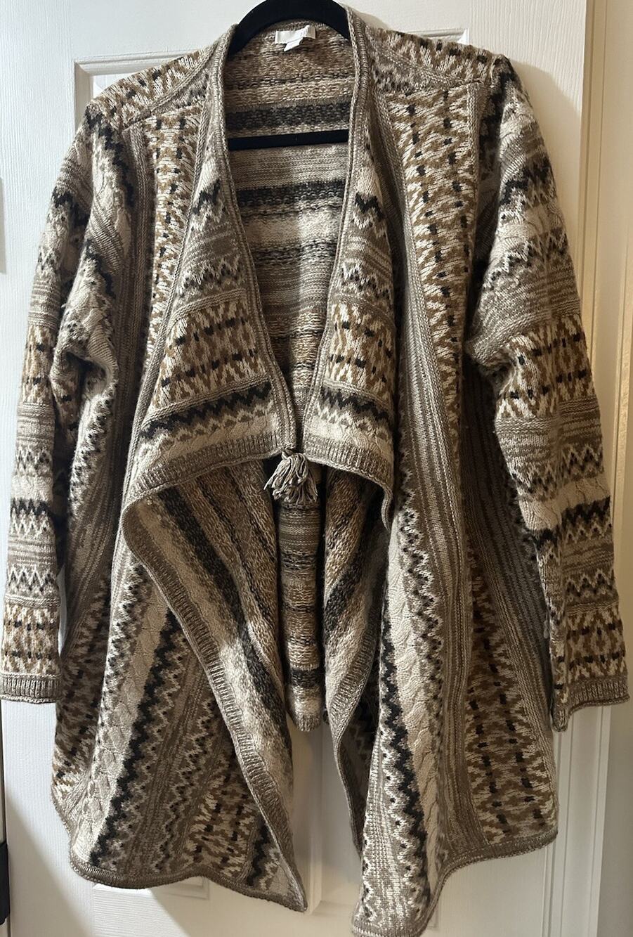 J. Jill Waterfall Open Wool Blend Cardigan SZ L Ethnic Print Beige Brown Pockets